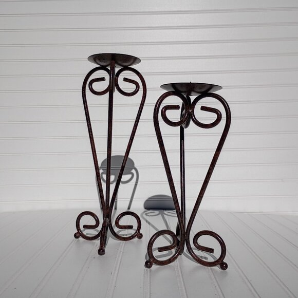 Pair of Wrought Iron Candle Holders Bronze Scroll French Country Candlesticks - Picture 3 of 16